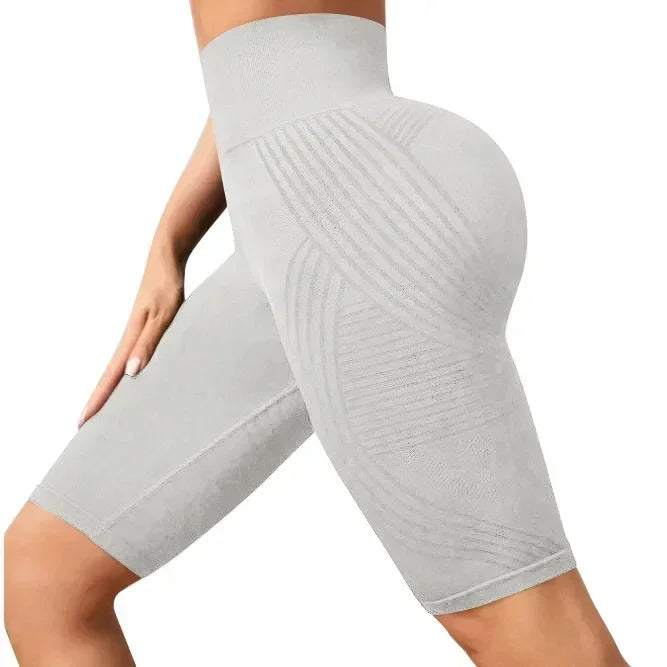 Pantalones cortos de yoga sin costuras para mujer, de cintura alta, a rayas, ajustados, pantalones cortos sexy para levantar glúteos, para gimnasio, de entrenamiento, de alta elasticidad, tipo capri