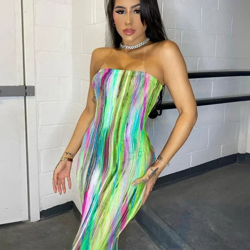 Vestidos de primavera y verano para mujer, con estampado de pecho, sin hombros, vendaje, ajustado, sexy, vestido largo, nueva moda 2023, fiesta, MsChuh