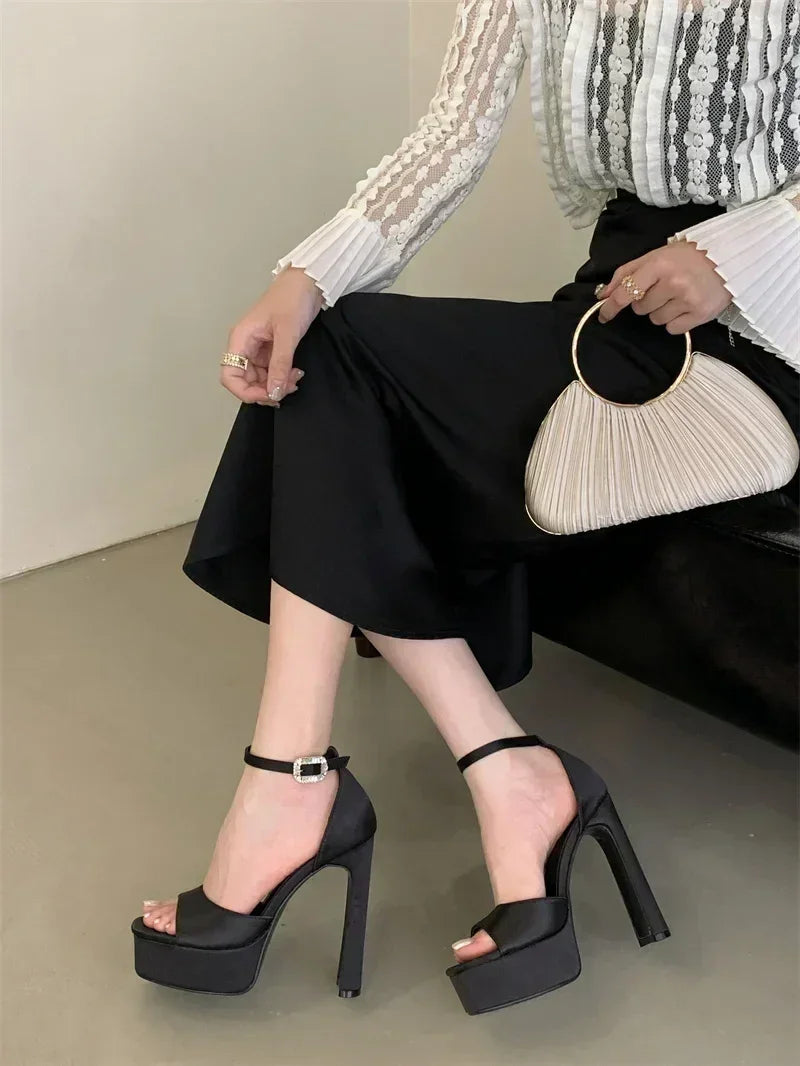 Sandalias de tacón alto negras con plataforma Liyke estilo pasarela para mujer, de seda cómoda, puntera cuadrada, correa con hebilla, zapatos de fiesta de vestir para mujer, talla 40