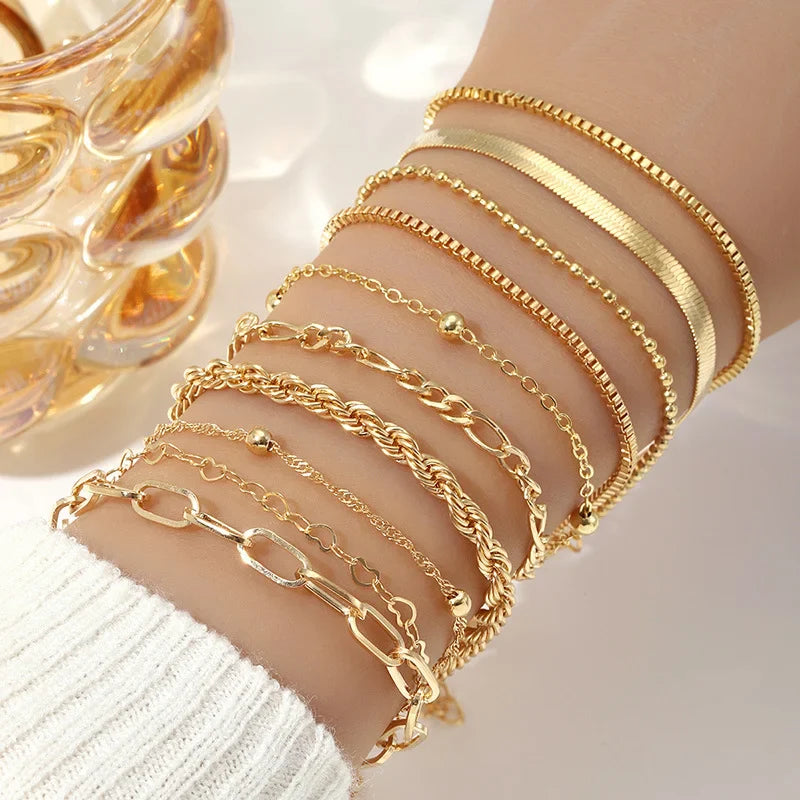 10 Pulseras de cadena de serpiente plana dorada vintage, pulsera de cadena de caja de varias capas, estilo bohemio, joyería de verano para mujer