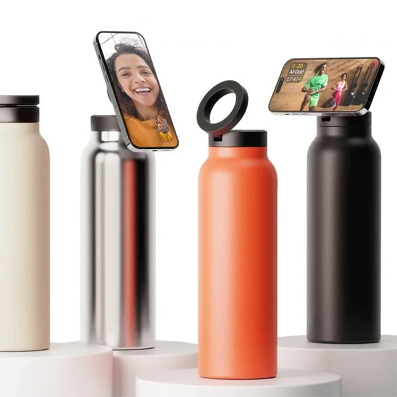 Painted Sports Thermos 24oz Vacuum Flask with Magnetic Phone Rack | Stainless Steel Water Bottle