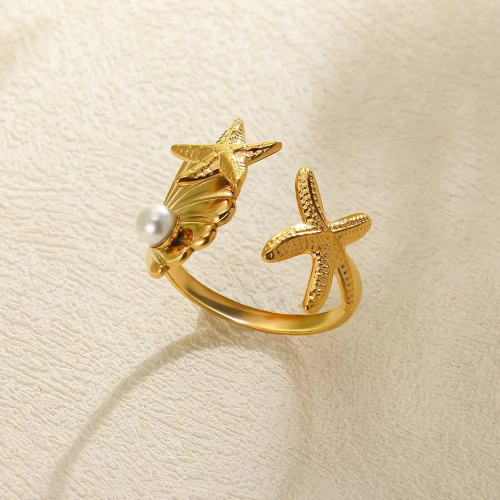 2025 Anillos de agua dulce de acero inoxidable con perlas, estrellas de mar y conchas para mujer, anillos punk, color dorado, vintage, impermeables, joyería de playa