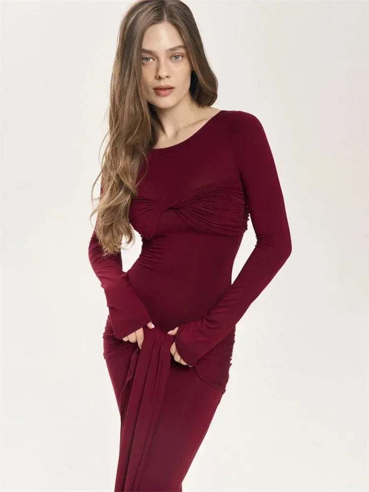 Vestido Maxi Plisado Sexy para Mujer Tossy, Vestido Ajustado de Manga Larga con Parches y Nudos, Estilo Y2k Otoño, Ropa Urbana para Mujer