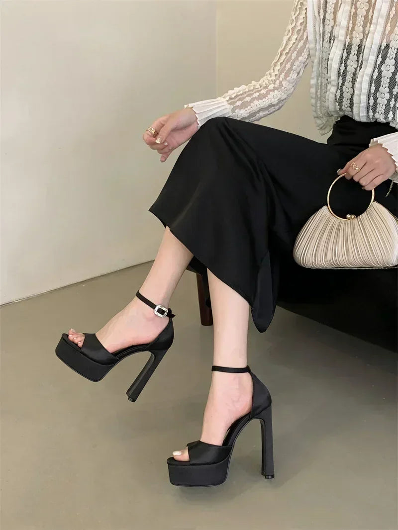Sandalias de tacón alto negras con plataforma Liyke estilo pasarela para mujer, de seda cómoda, puntera cuadrada, correa con hebilla, zapatos de fiesta de vestir para mujer, talla 40