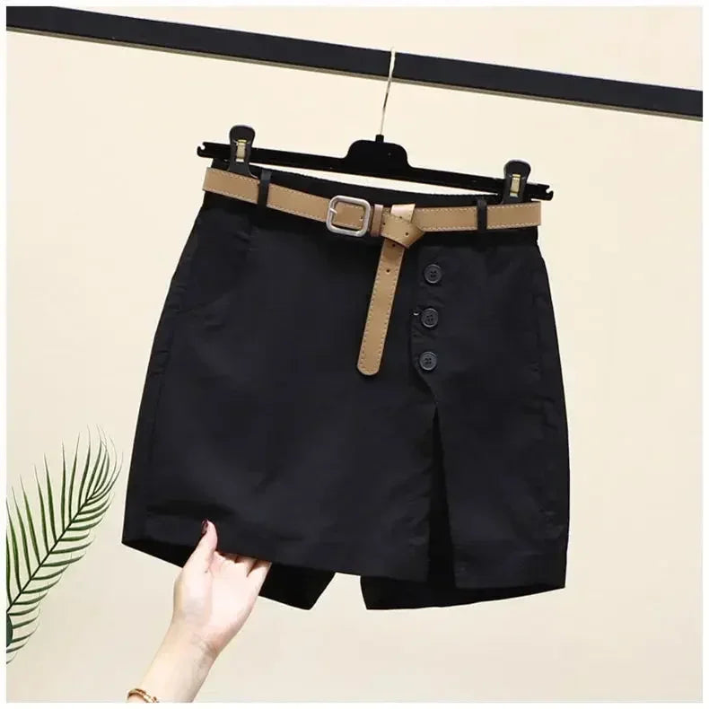Pantalones cortos casuales de algodón para mujer, ropa de verano, nuevos pantalones versátiles de moda finos con forma de A, pantalones cortos de cintura elástica con falda para mujer