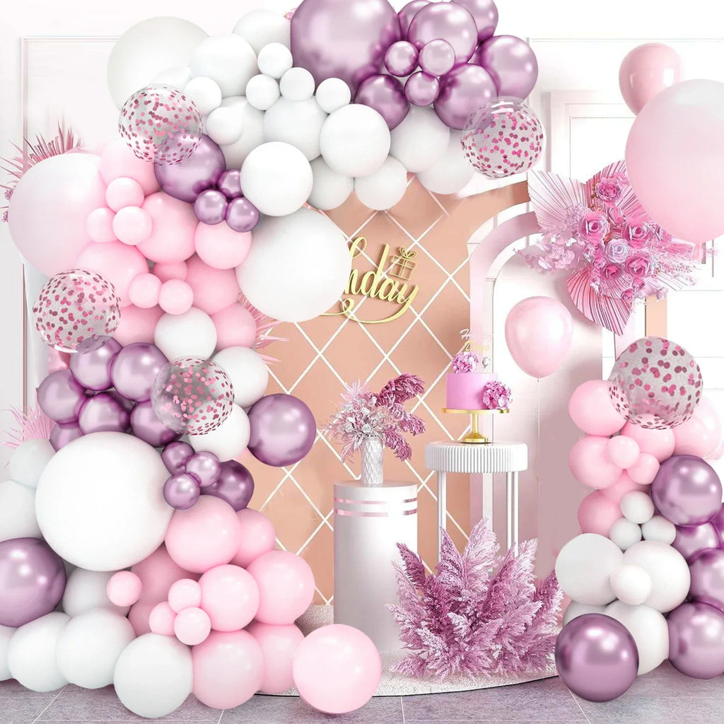Kit de arco de guirnalda de globos blancos y rosas para boda, fiesta de cumpleaños, decoración, niña, baby shower, suministros de fiesta, globos de látex de confeti