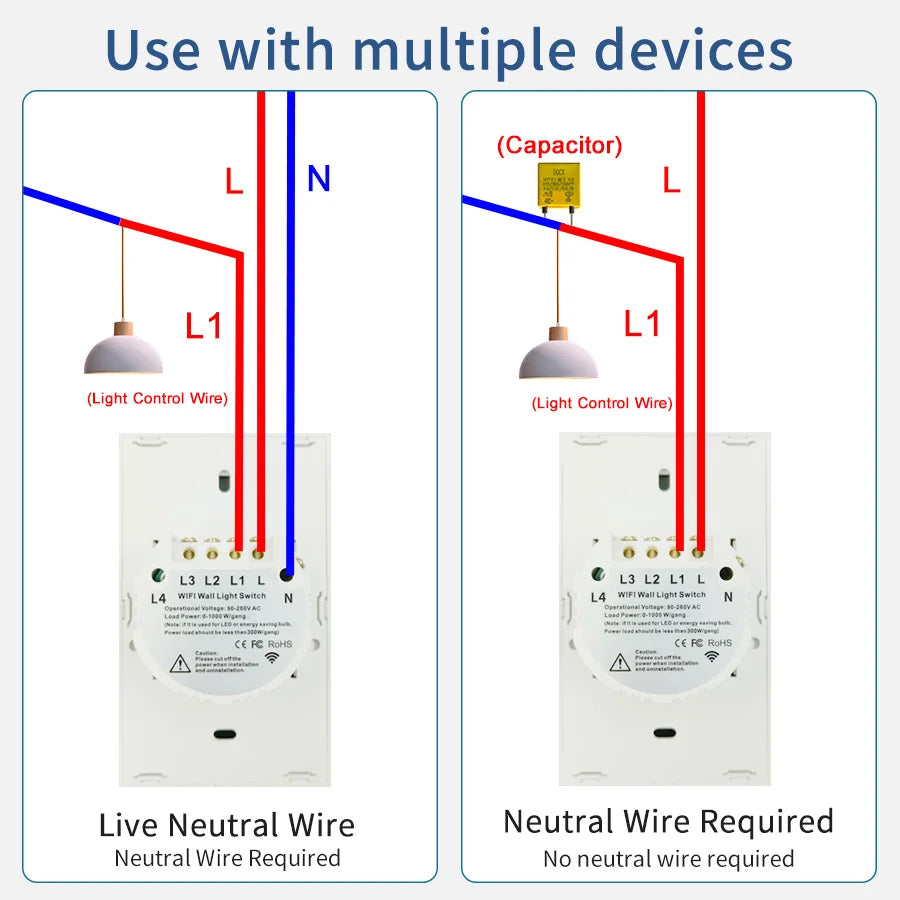 Interruptores inteligentes Tuya (EE. UU.) con cable neutro/sin cable neutro necesario, interruptor de luz táctil WiFi de 1/2/3/4 grupos, funciona con Alexa Google Home