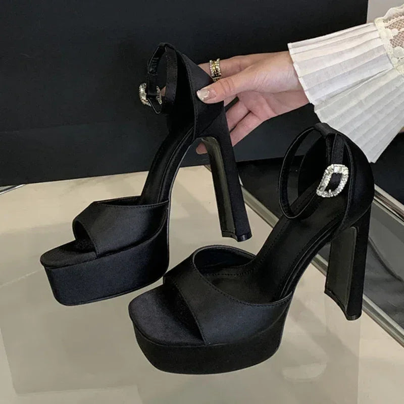 Sandalias de tacón alto negras con plataforma Liyke estilo pasarela para mujer, de seda cómoda, puntera cuadrada, correa con hebilla, zapatos de fiesta de vestir para mujer, talla 40