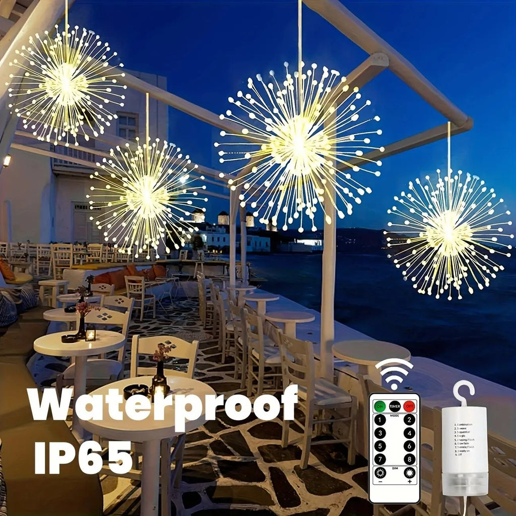 Luz de fuegos artificiales colgante, 8 modos, control remoto, funciona con pilas, guirnalda de luces, luces decorativas para jardín, patio, vacaciones, bodas, fiestas.
