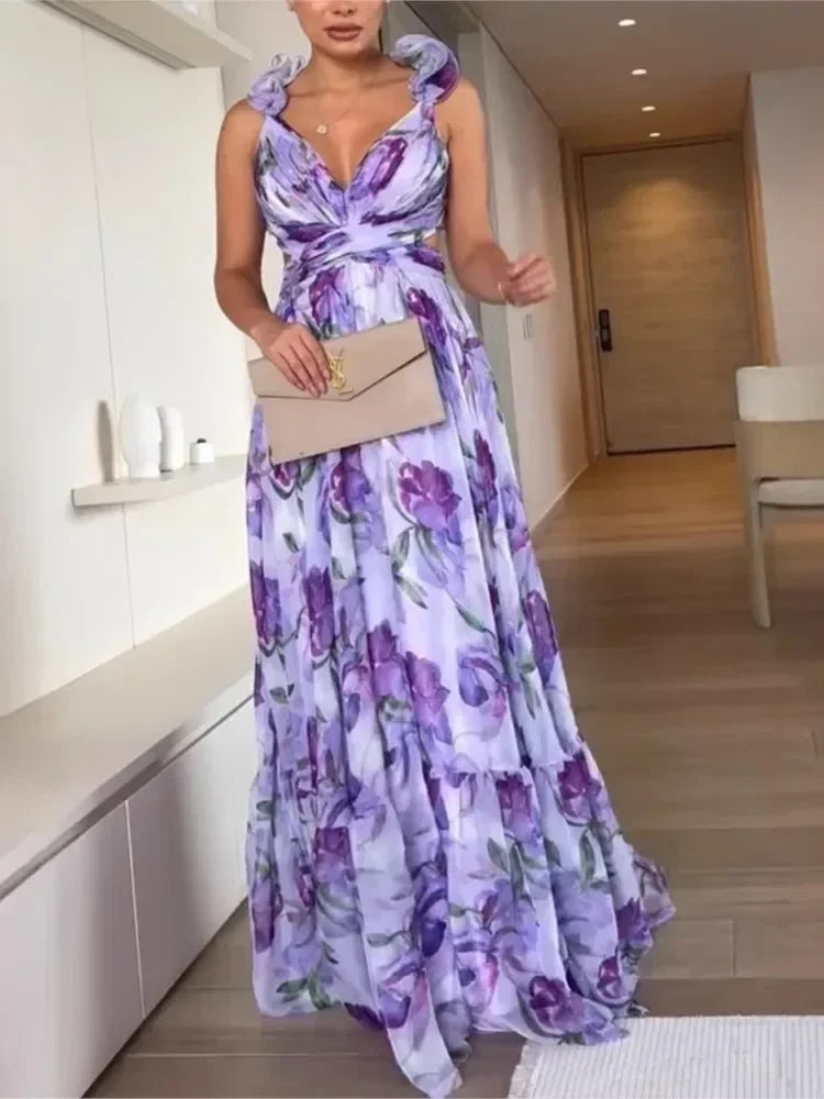Vestido largo de gasa estampado sexy 2025, moda de verano, elegante, con cuello en V, volantes, ajustado, sin mangas, sin espalda, para fiesta, para vacaciones