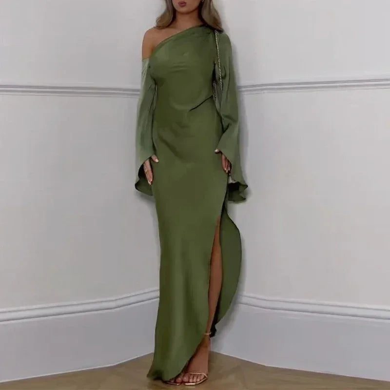 Vestido irregular sólido de hombro oblicuo sexy para mujer, elegante, con cuello torcido, sin espalda, vestido largo, manga acampanada, con abertura, para fiesta, otoño
