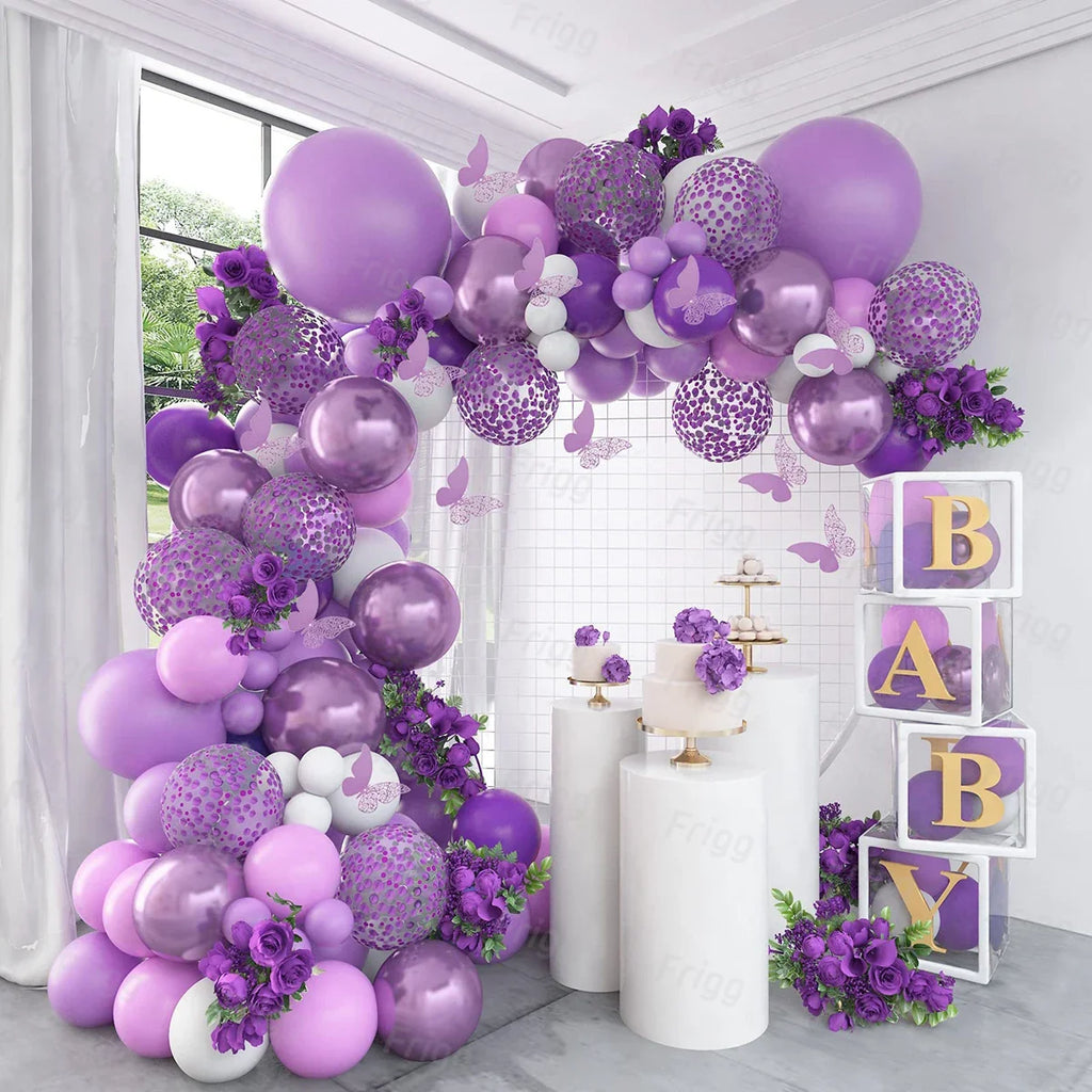 Kit de arco de guirnalda de globos de mariposa morada, globos de látex para fiesta de cumpleaños, decoración para niños, adultos, bodas, baby shower