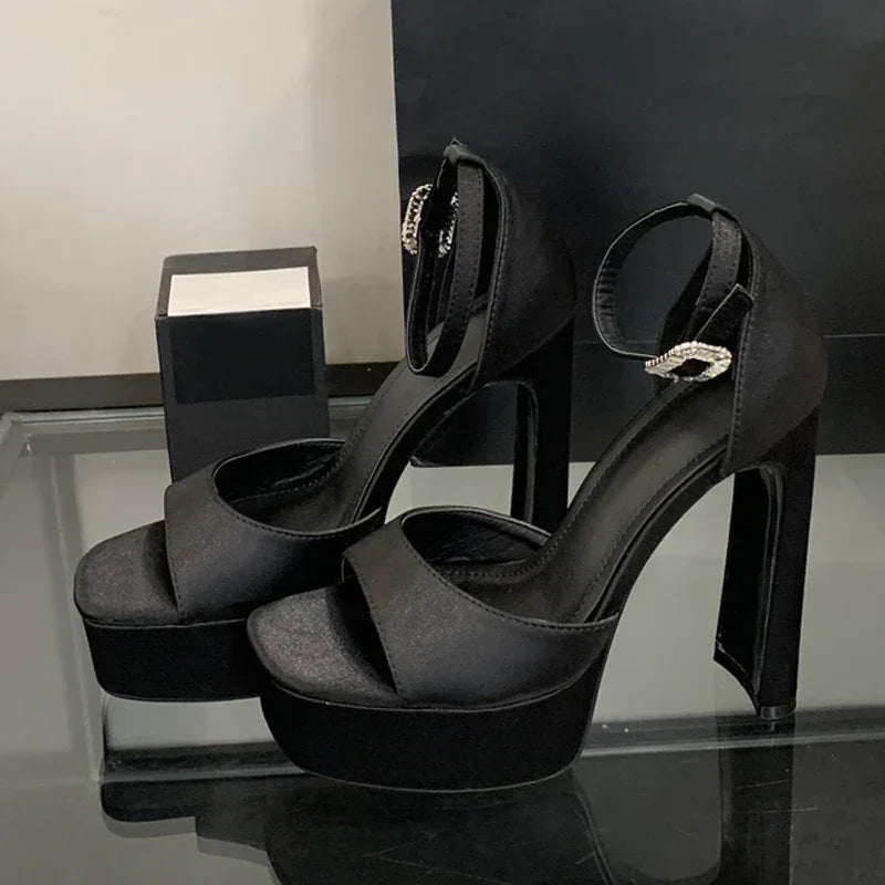 Sandalias de tacón alto negras con plataforma Liyke estilo pasarela para mujer, de seda cómoda, puntera cuadrada, correa con hebilla, zapatos de fiesta de vestir para mujer, talla 40