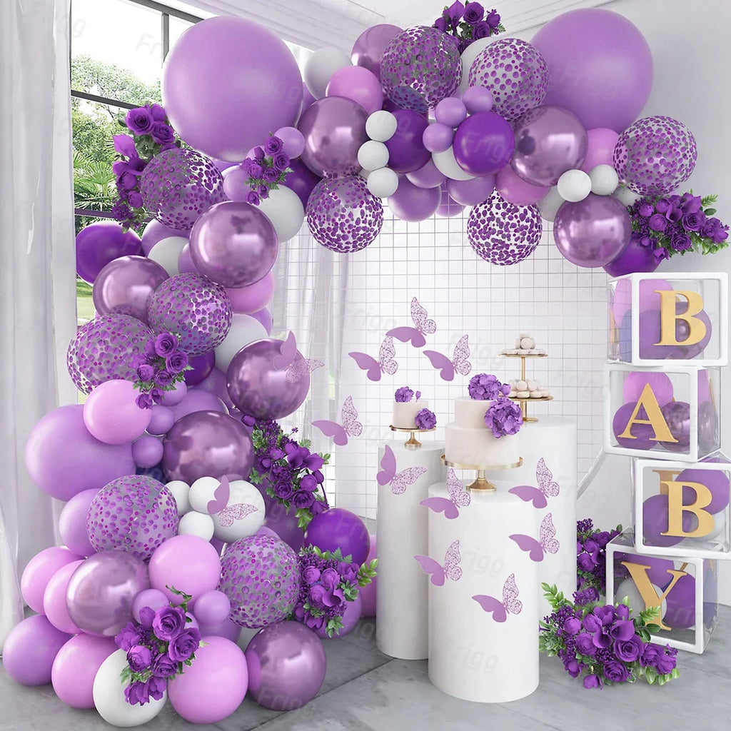 Kit de arco de guirnalda de globos de mariposa morada, globos de látex para fiesta de cumpleaños, decoración para niños, adultos, bodas, baby shower