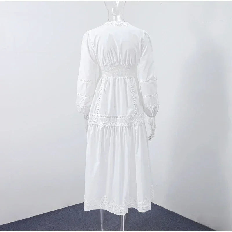 Elegante vestido de encaje calado, patchwork, para mujer, color sólido, cuello en V, manga larga farol, vestidos holgados, vacaciones de primavera 2025, túnicas para dama