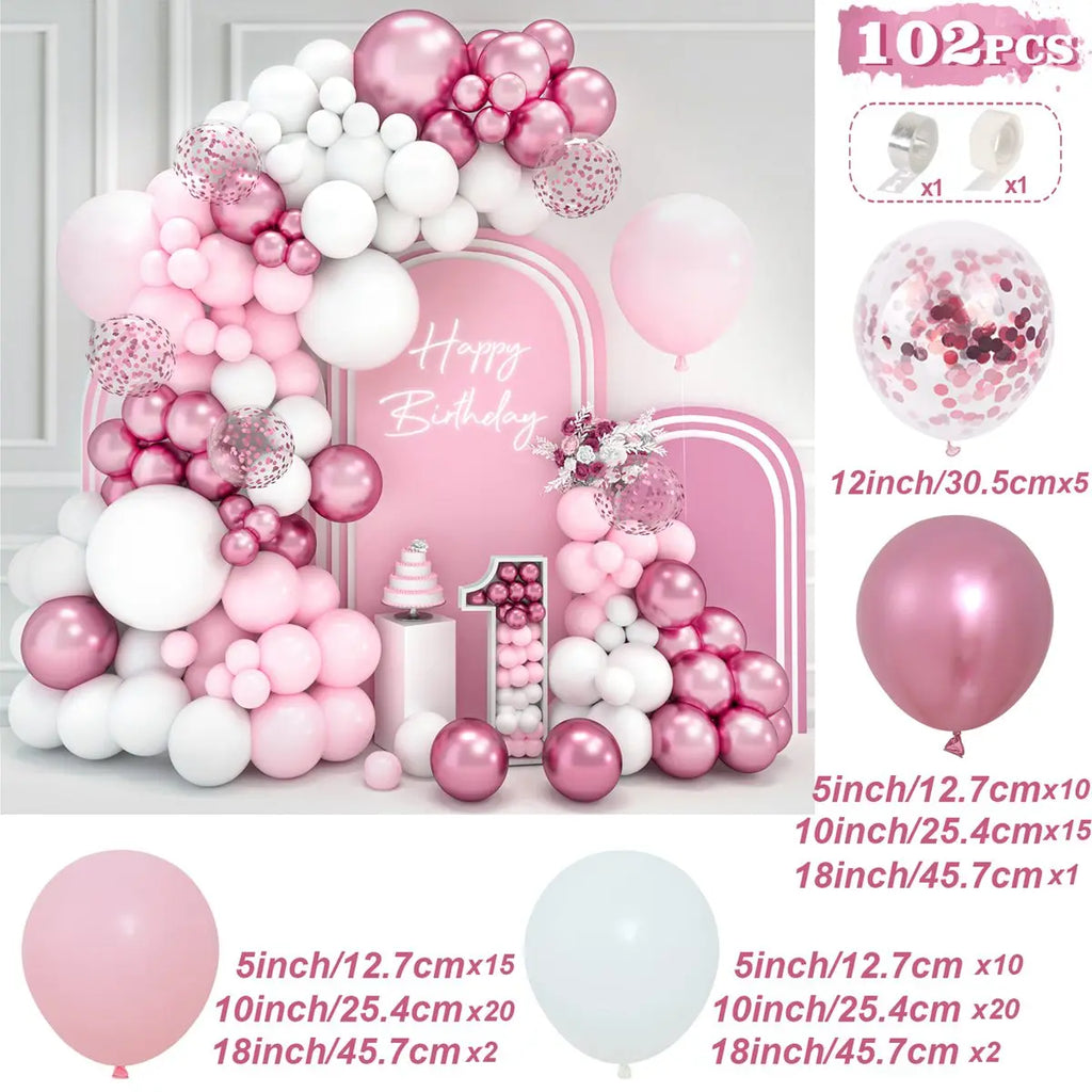 Kit de arco de guirnalda de globos blancos y rosas para boda, fiesta de cumpleaños, decoración, niña, baby shower, suministros de fiesta, globos de látex de confeti