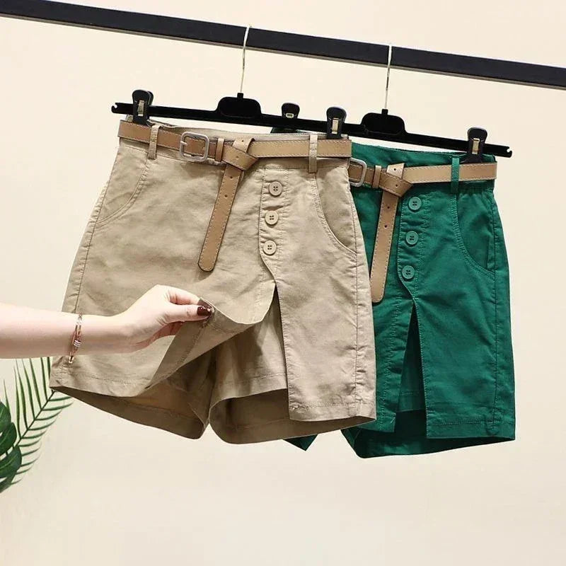 Pantalones cortos casuales de algodón para mujer, ropa de verano, nuevos pantalones versátiles de moda finos con forma de A, pantalones cortos de cintura elástica con falda para mujer