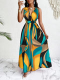 Vestido largo sin mangas con cuello de pico y estampados abstractos para mujer - ideal para la playa y ocasiones informales