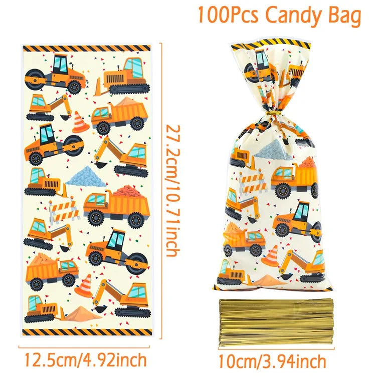 Bolsas de dulces de construcción, termosellables, para galletas, dulces, golosinas, vehículos de ingeniería, suministros para fiesta de cumpleaños, baby shower