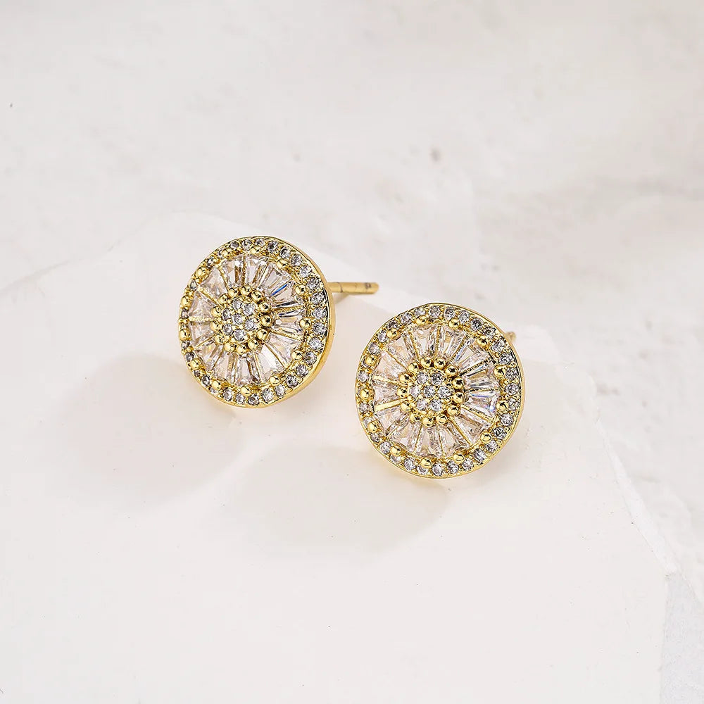 NEWBUY Luxury AAA Cubic Zirconia Pave Setting Copper Jewelry Gold Color Round Stud Earrings For Women Girl