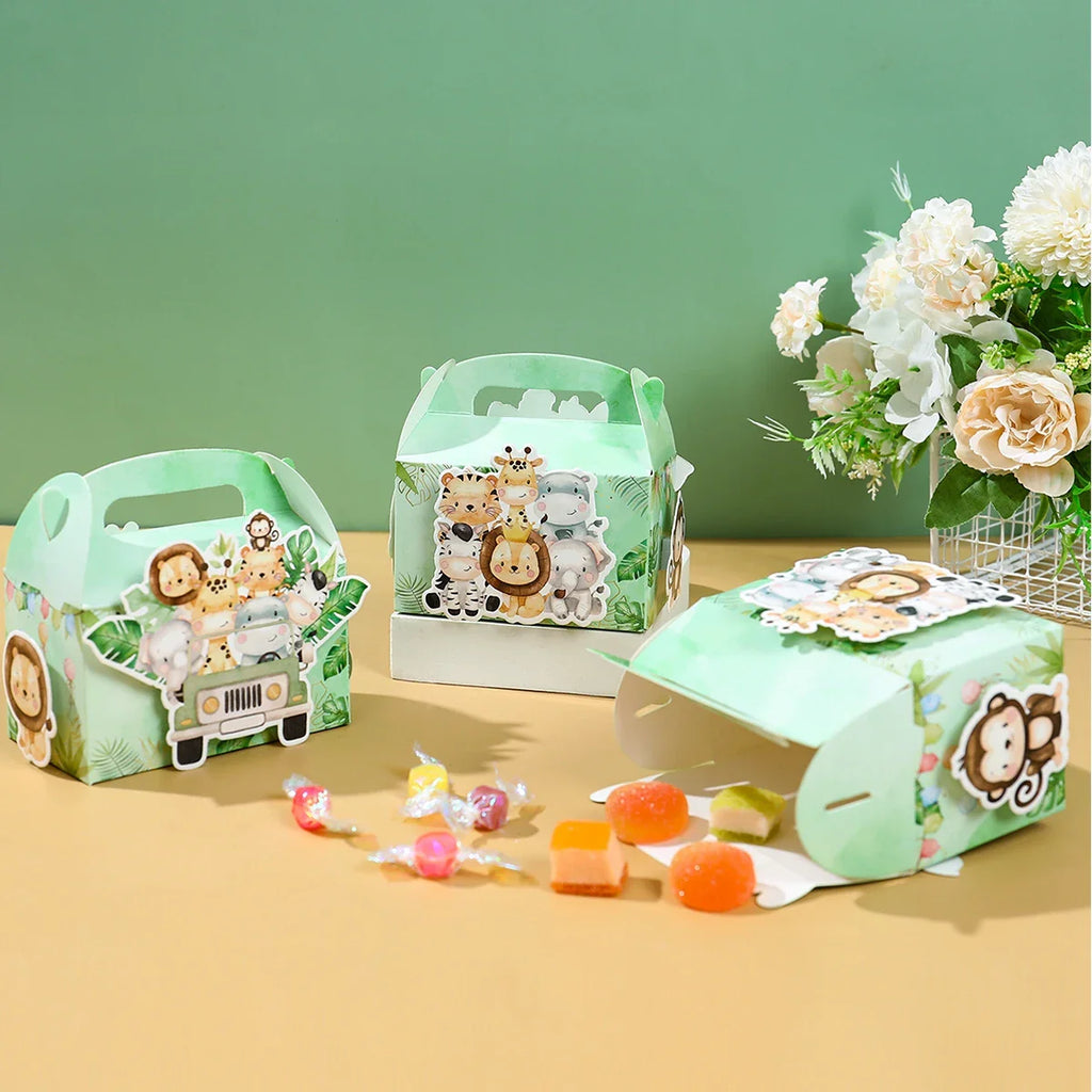 4 unidades cajas de dulces de animales de la selva DIY, decoración de fiesta de cumpleaños Safari, caja de embalaje de regalo para niños, suministros para baby shower de "Wild One"