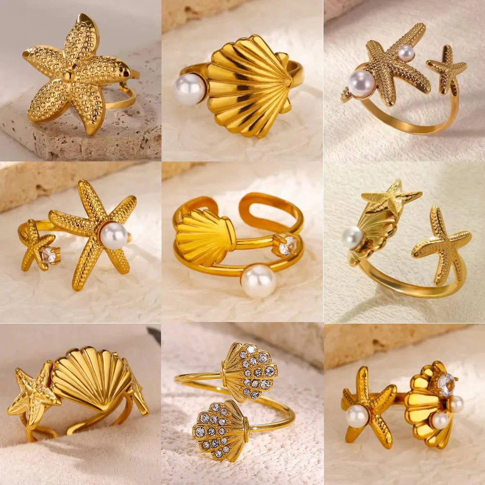 2025 Anillos de agua dulce de acero inoxidable con perlas, estrellas de mar y conchas para mujer, anillos punk, color dorado, vintage, impermeables, joyería de playa