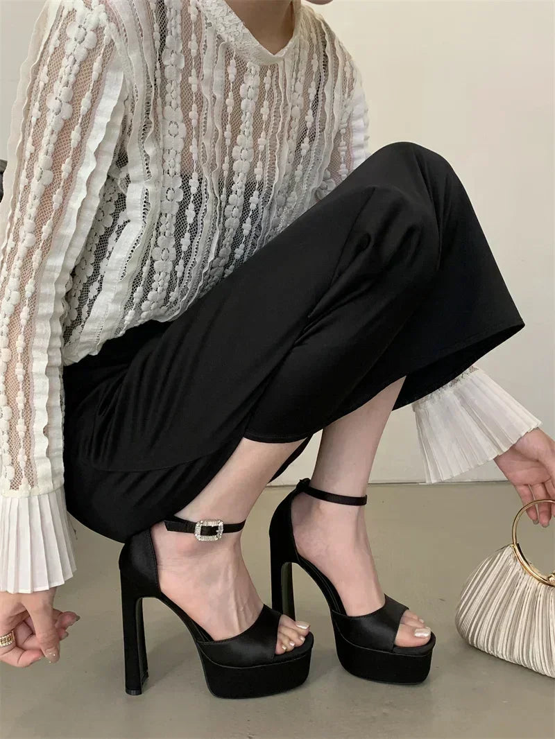 Sandalias de tacón alto negras con plataforma Liyke estilo pasarela para mujer, de seda cómoda, puntera cuadrada, correa con hebilla, zapatos de fiesta de vestir para mujer, talla 40