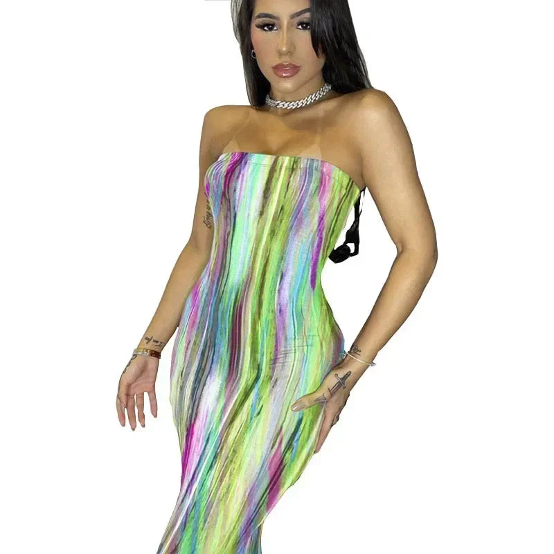 Vestidos de primavera y verano para mujer, con estampado de pecho, sin hombros, vendaje, ajustado, sexy, vestido largo, nueva moda 2023, fiesta, MsChuh