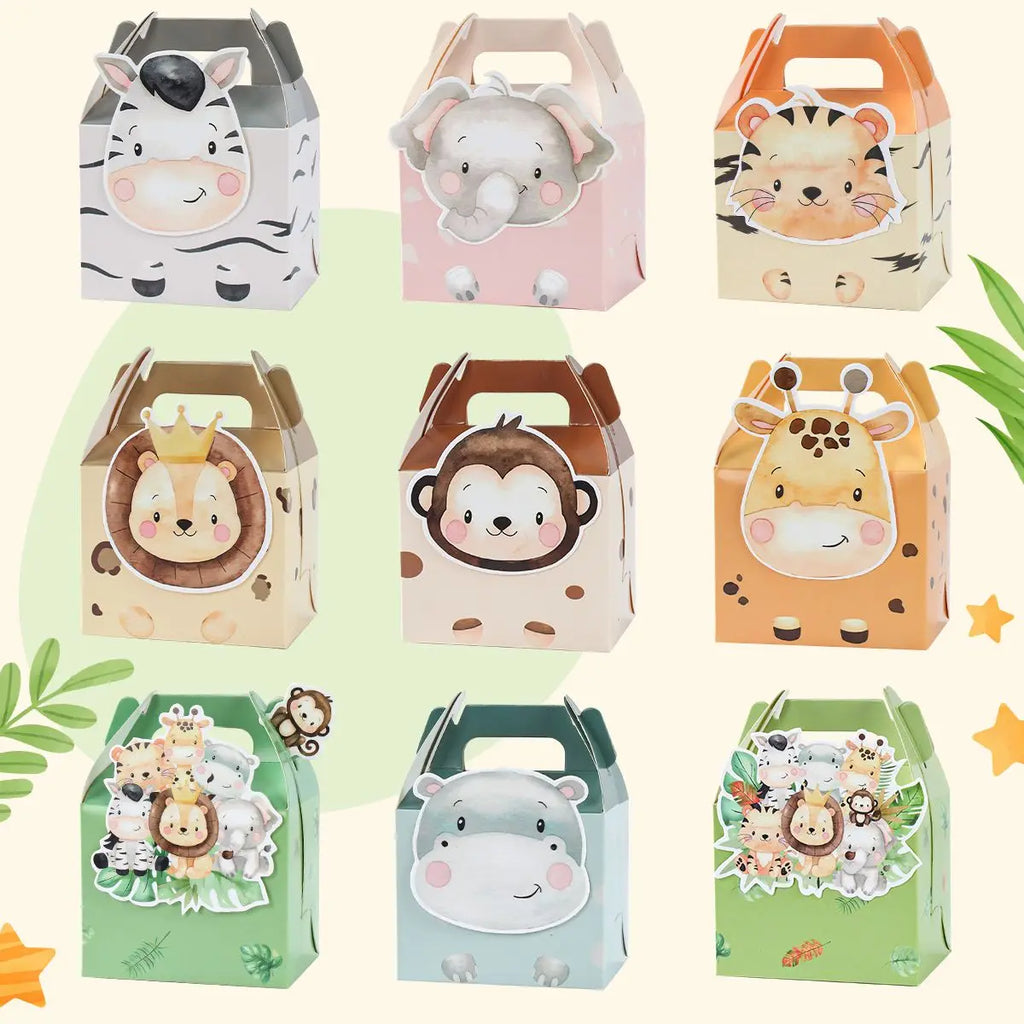 Caja de dulces con animales de la selva, decoración de fiesta de feliz cumpleaños para niños, safari de animales salvajes, decoración de primer cumpleaños para niños, baby shower