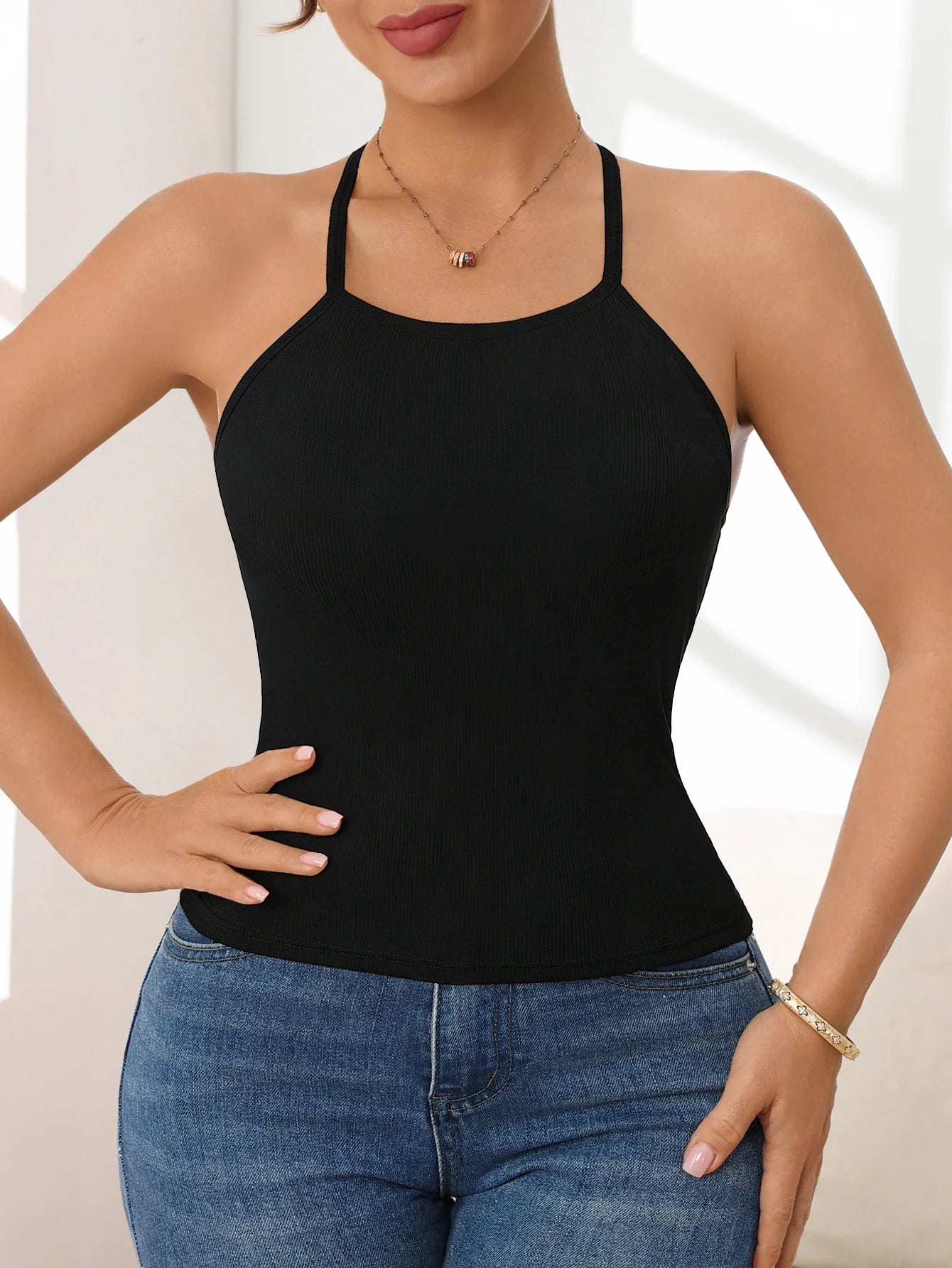 Camiseta sin mangas de verano para mujer, con cuello halter, acanalada, tirantes ajustables y pecho acolchado