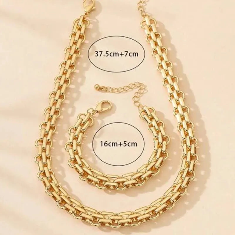 Juego de 2 piezas, collar y pulsera de cadena de eslabones color dorado, pulsera punk de cadena de eslabones grandes, conjunto de joyas para fiesta en Dubái, África, regalo para mujer