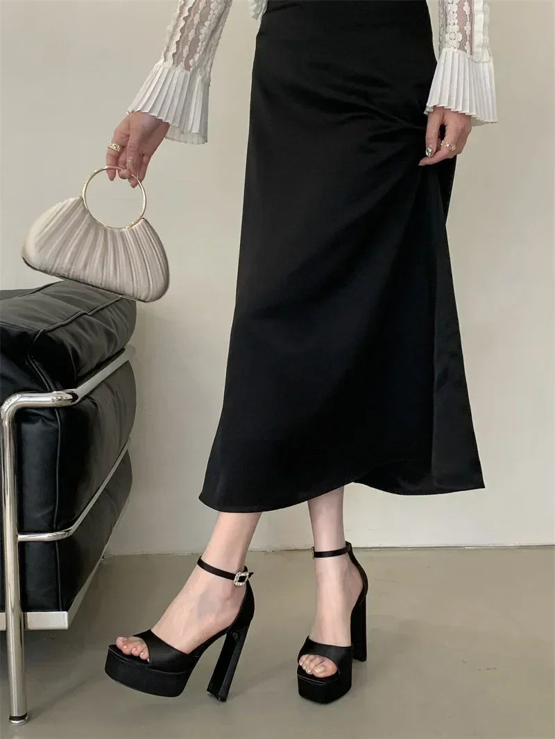 Sandalias de tacón alto negras con plataforma Liyke estilo pasarela para mujer, de seda cómoda, puntera cuadrada, correa con hebilla, zapatos de fiesta de vestir para mujer, talla 40