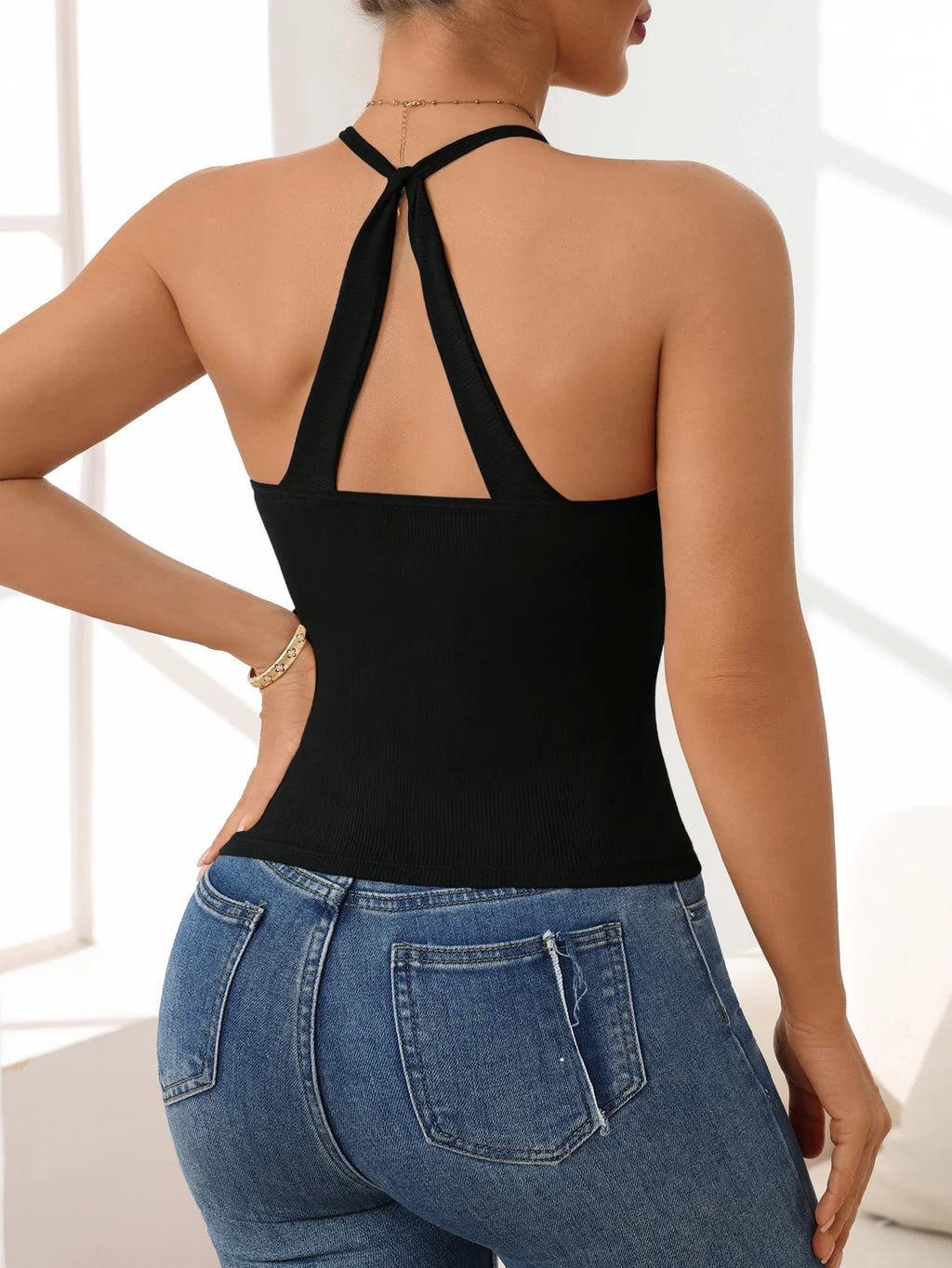 Camiseta sin mangas de verano para mujer, con cuello halter, acanalada, tirantes ajustables y pecho acolchado