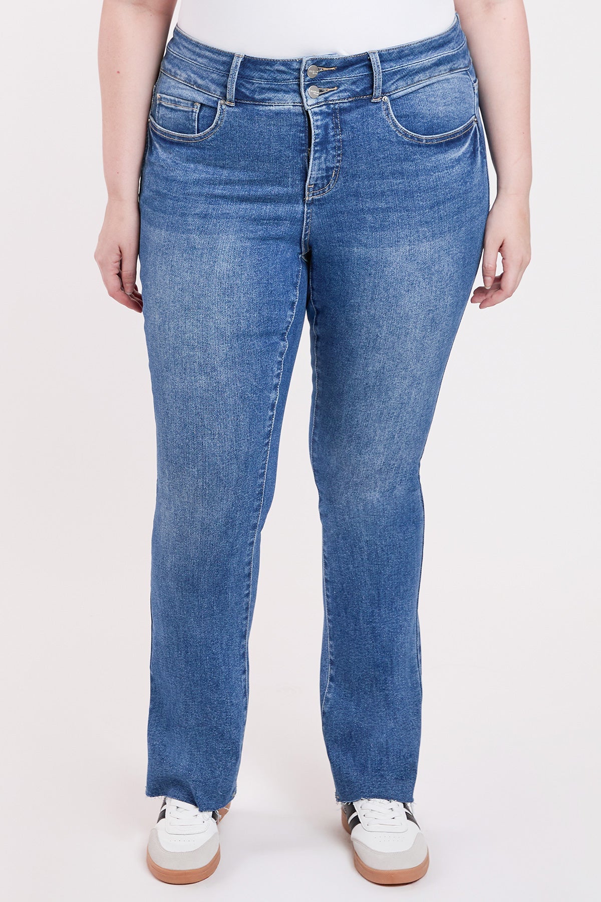 Vaqueros bootcut de tiro alto elástico prémium para mujer
