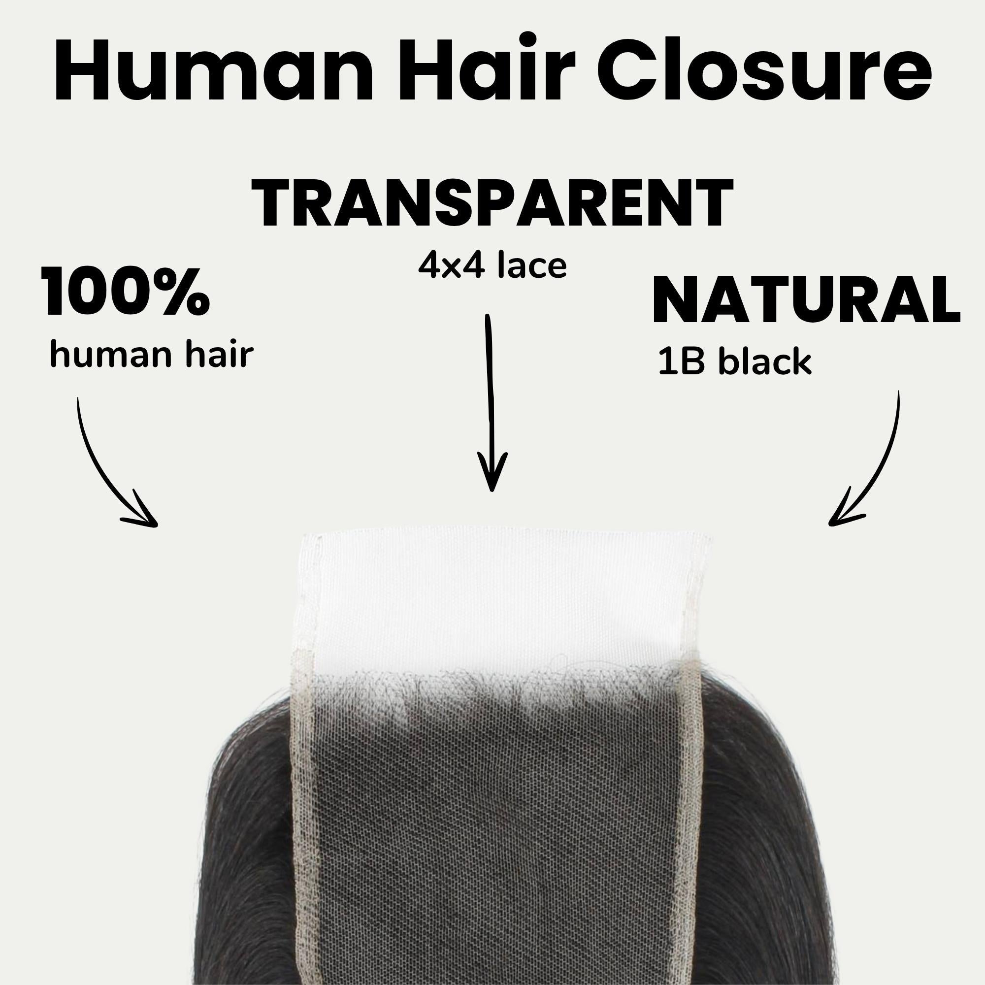 Cierre de cabello humano Yaki Liso 4x4 de encaje transparente