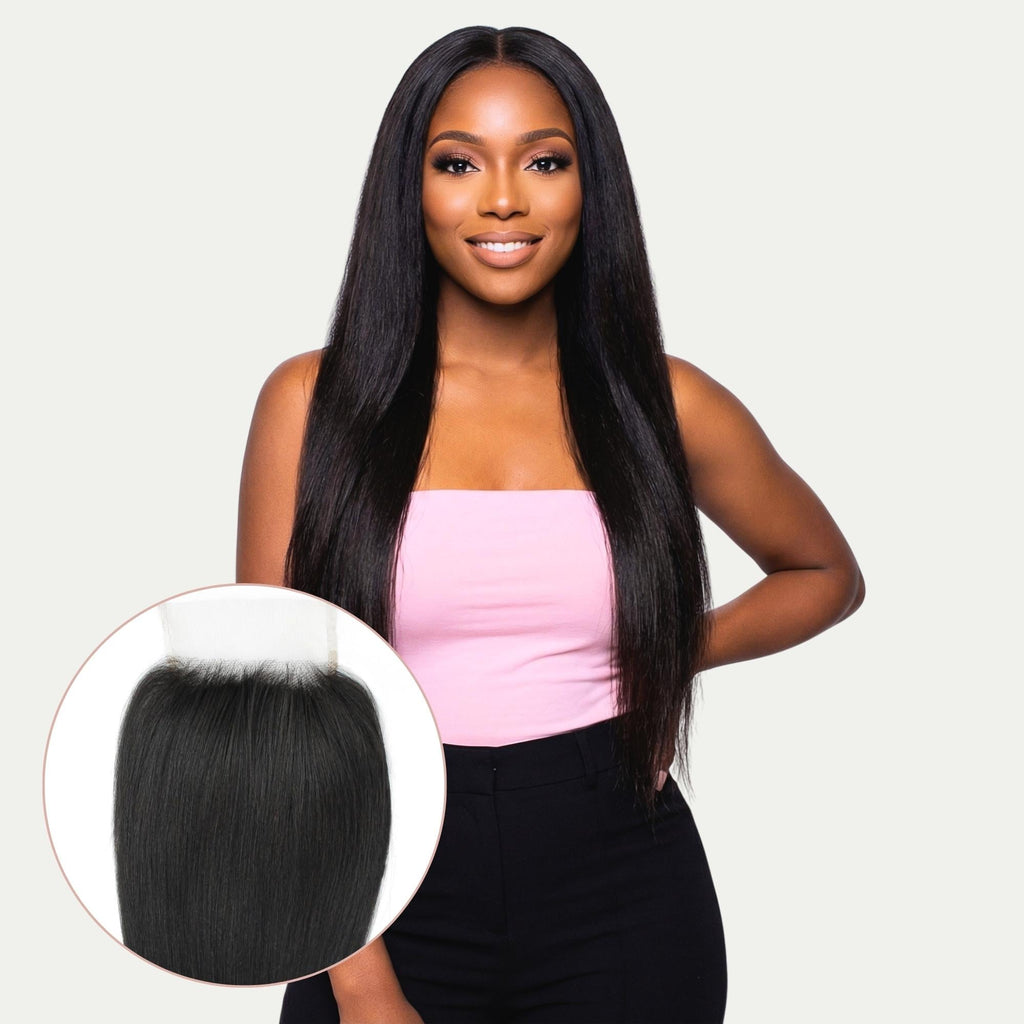 Cierre de cabello humano Yaki Liso 4x4 de encaje transparente