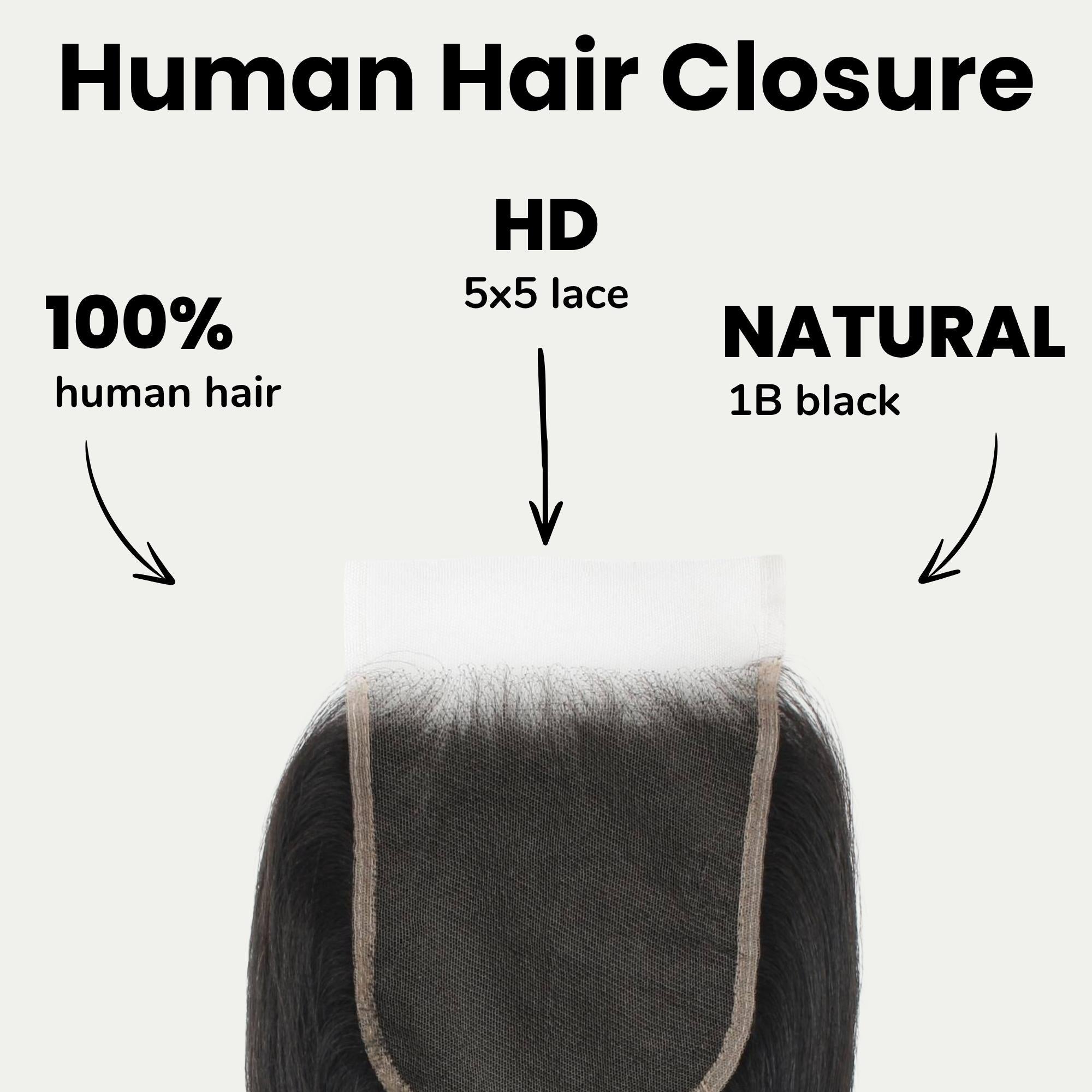 Cierre de cabello humano con encaje HD 5x5 Liso Yaki