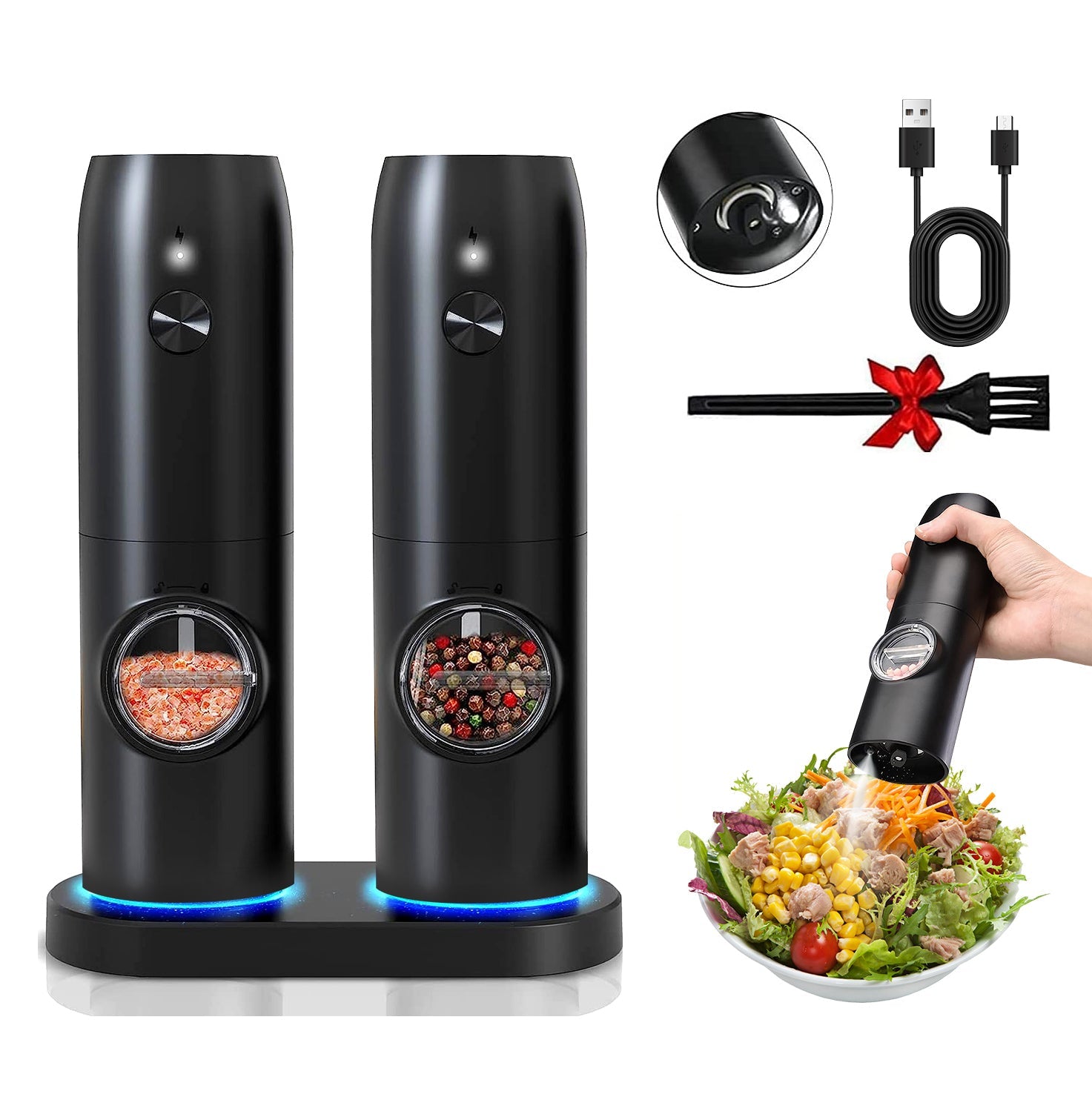 Molinillo Eléctrico de Sal y Pimienta Recargable Base de Carga Molinillo Automático de Sal Indicador LED Grosor Ajustable Fácil Operación con Una Mano
