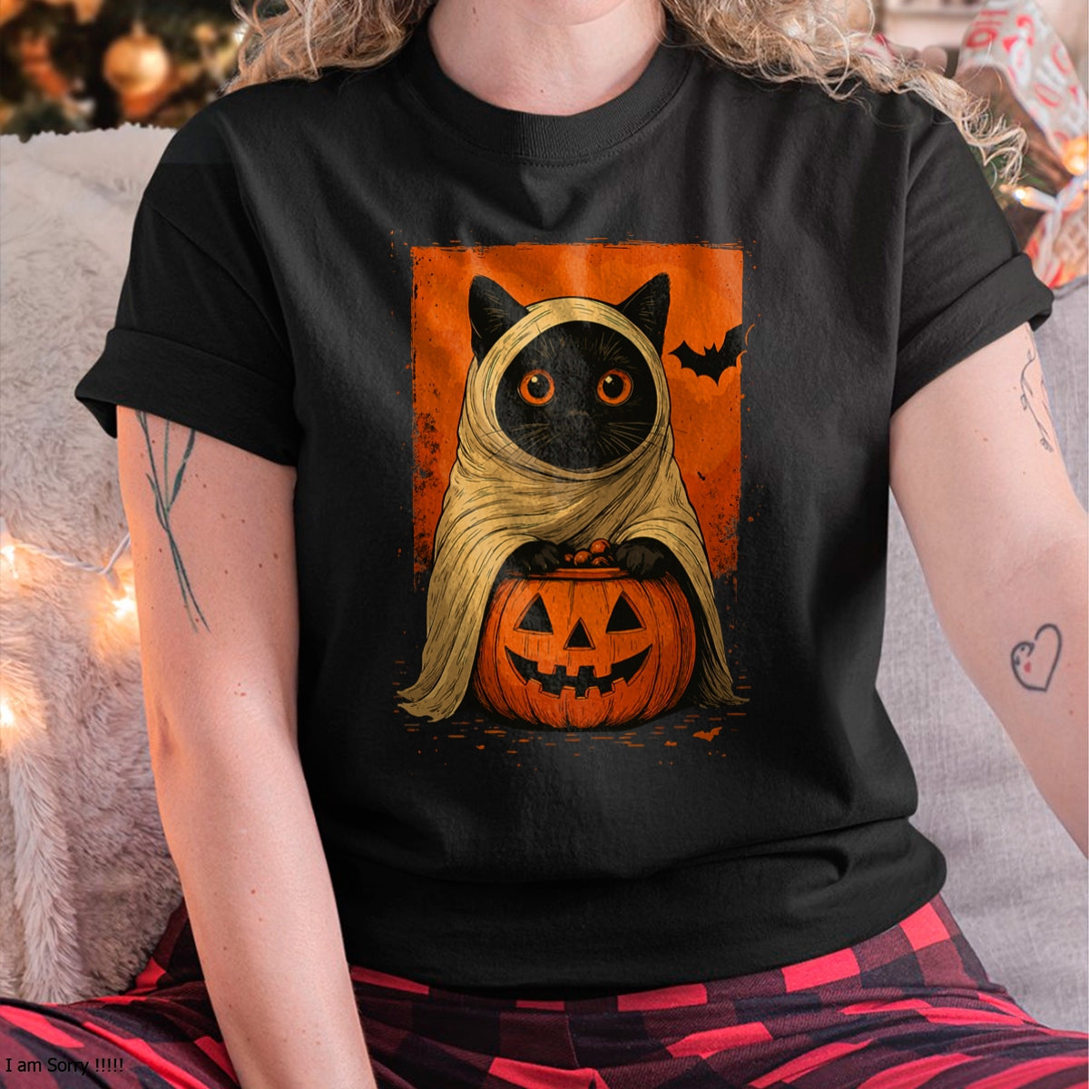 Divertida camiseta para mujer con diseño vintage de gato negro, calabaza de Halloween y fantasma espeluznante - Camiseta/Sudadera con capucha unisex de Halloween - NGHL00