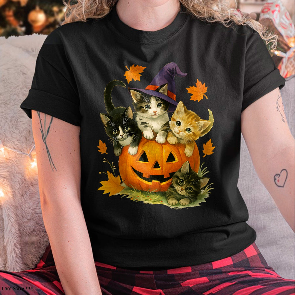 Camiseta vintage de calabaza de gato lindo de Halloween para la temporada espeluznante - Camiseta/sudadera con capucha unisex de Halloween - NGHL00
