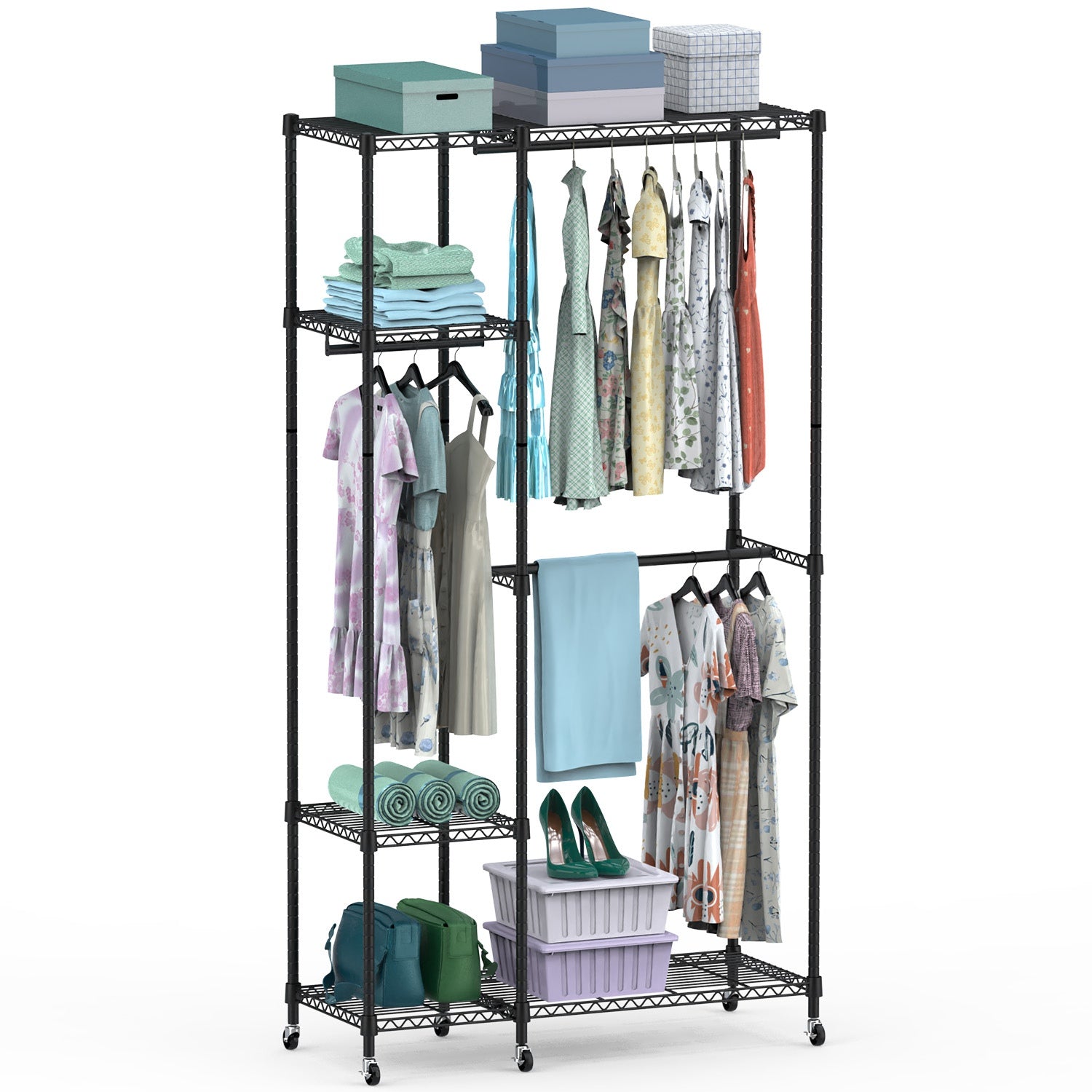 Perchero de ropa resistente de 4 niveles con ruedas, perchero de ropa de acero al carbono, armario portátil con 3 barras para colgar, 6 patas, 44.9x17.13x77.95 pulgadas