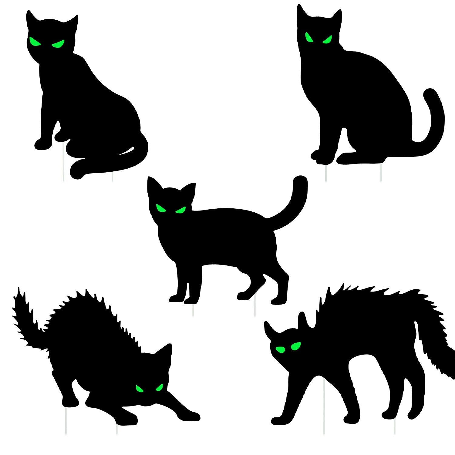 Decoraciones de letreros de jardín de gatos de Halloween, 5 piezas que brillan en la oscuridad, letreros de césped fluorescentes de gatos de Halloween con 10 estacas para casa embrujada, jardín y aterrador