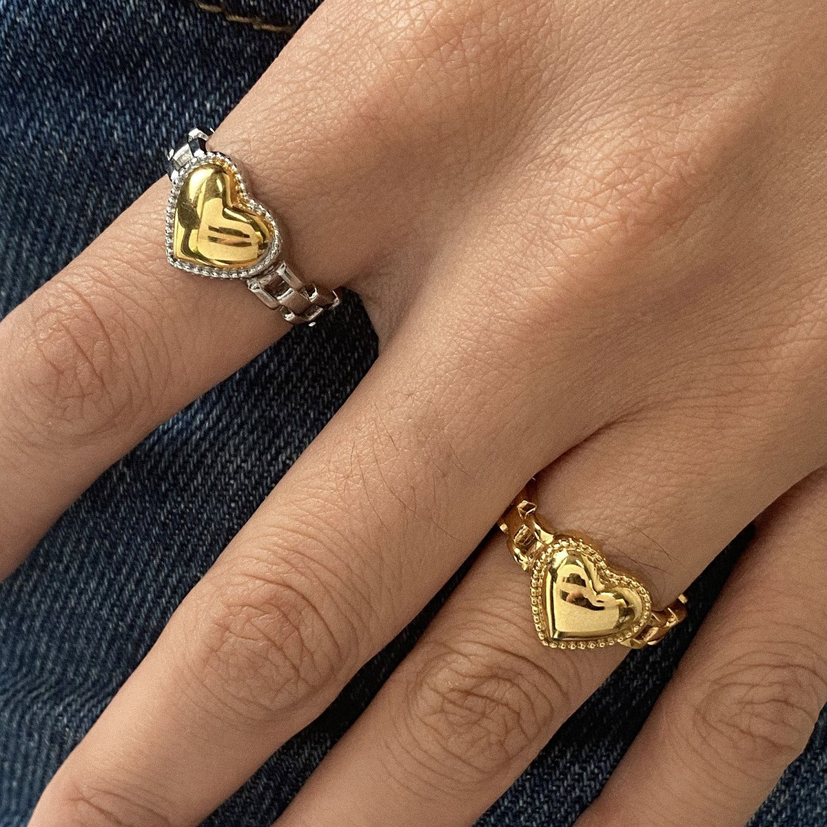 18K gold heart titanium steel ring