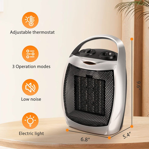 Calentador Eléctrico Cerámico Portátil de 1500W con Termostato, Protección de Seguridad y Asa de Transporte