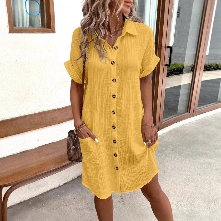 Women's Casual Loose Short-Sleeve Midi Shirt Dress – Button-Down