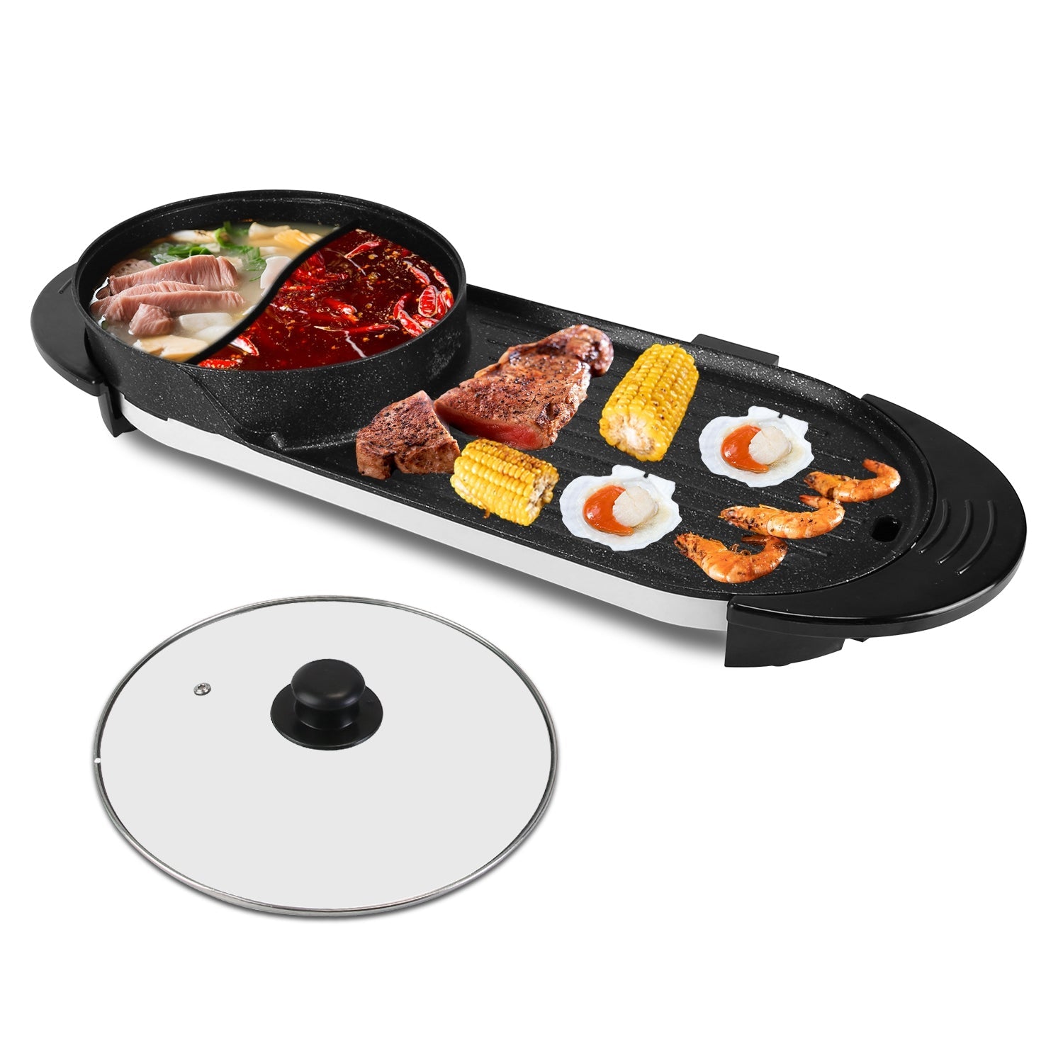 Olla caliente eléctrica 2 en 1 con parrilla de barbacoa 2200W Parrilla coreana sin humo antiadherente Shabu Shabu Olla caliente con control de temperatura independiente 5 Ge