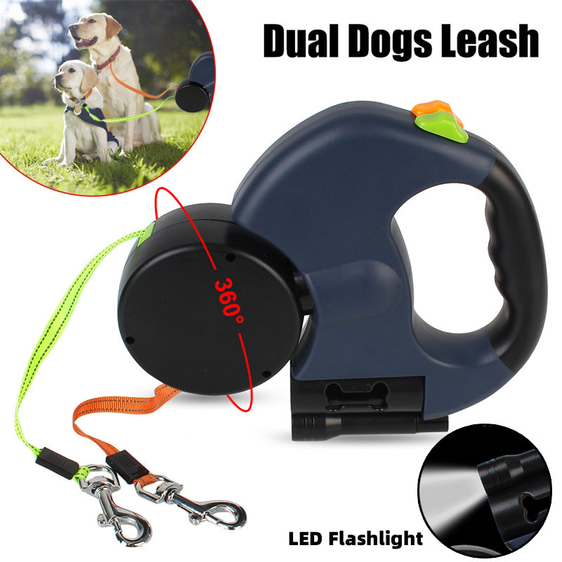 Dual Retractable Dog Leash with LED Flashlight — Walk 2 Dogs