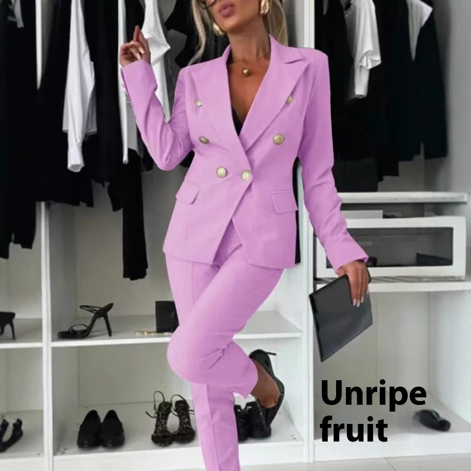 Double-Breasted Lapel Blazer & Zip-Up Trousers Suit