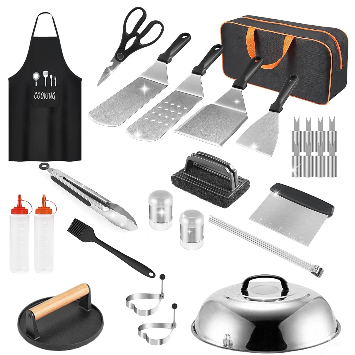 Juego de accesorios para plancha de 31 piezas, accesorios para parrilla de superficie plana para Camp Chef con espátulas, prensa para plancha, tapa para rociar, pimenteros, tenedores para verduras, acero inoxidable