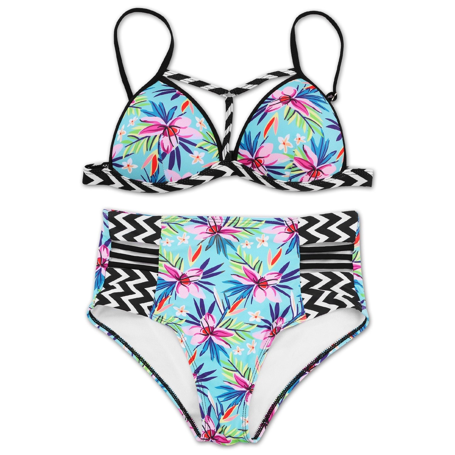 Traje de baño bikini para mujer, estampado floral, con relleno push-up, de dos piezas, cintura alta, con tirantes ajustables para la playa y la piscina